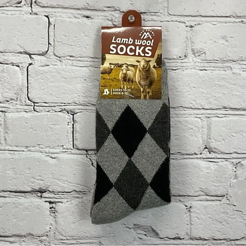 Max Adams Lamb Wool Socks Men's Size 10-13 Black Gray Argyle 2 Pair Casual Comfy